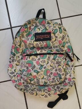 Old skool "JanSport" Cream Backpack with fun pink & teal fruit print